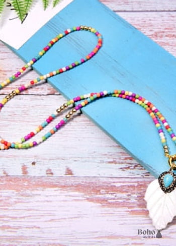 Boho Necklace, Blue Colorful Leaf Shell